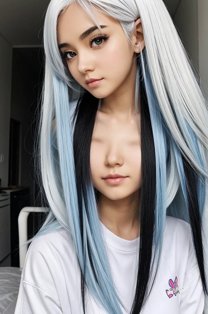 An anime girl with half white hair and half black hair
