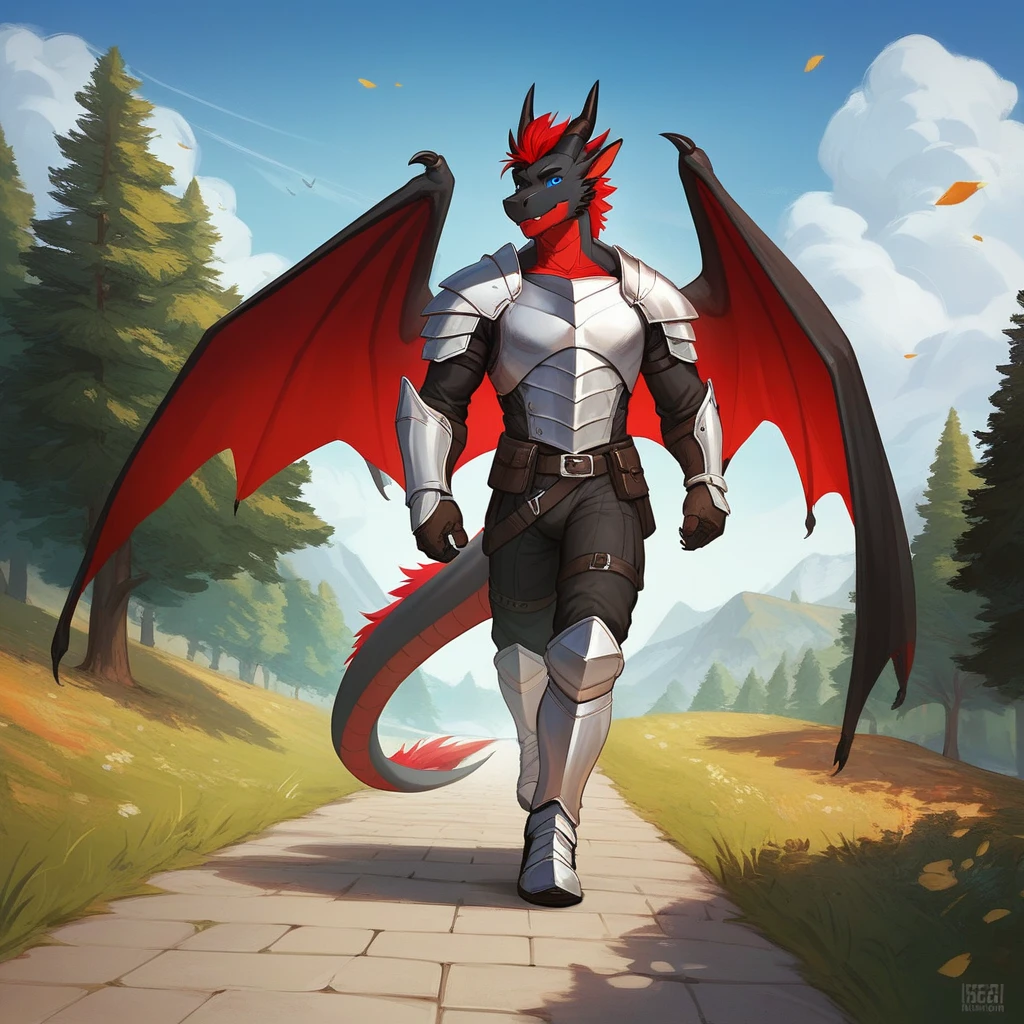 Solo, Score_9, score_8_up, score_7_up, source_cartoon, Anthro male, A black dragon, black dragon with red highlights on scales, black and red wings, blue eyes, standing, wearing knights armor, walking down a trail, outdoors, on an adventure