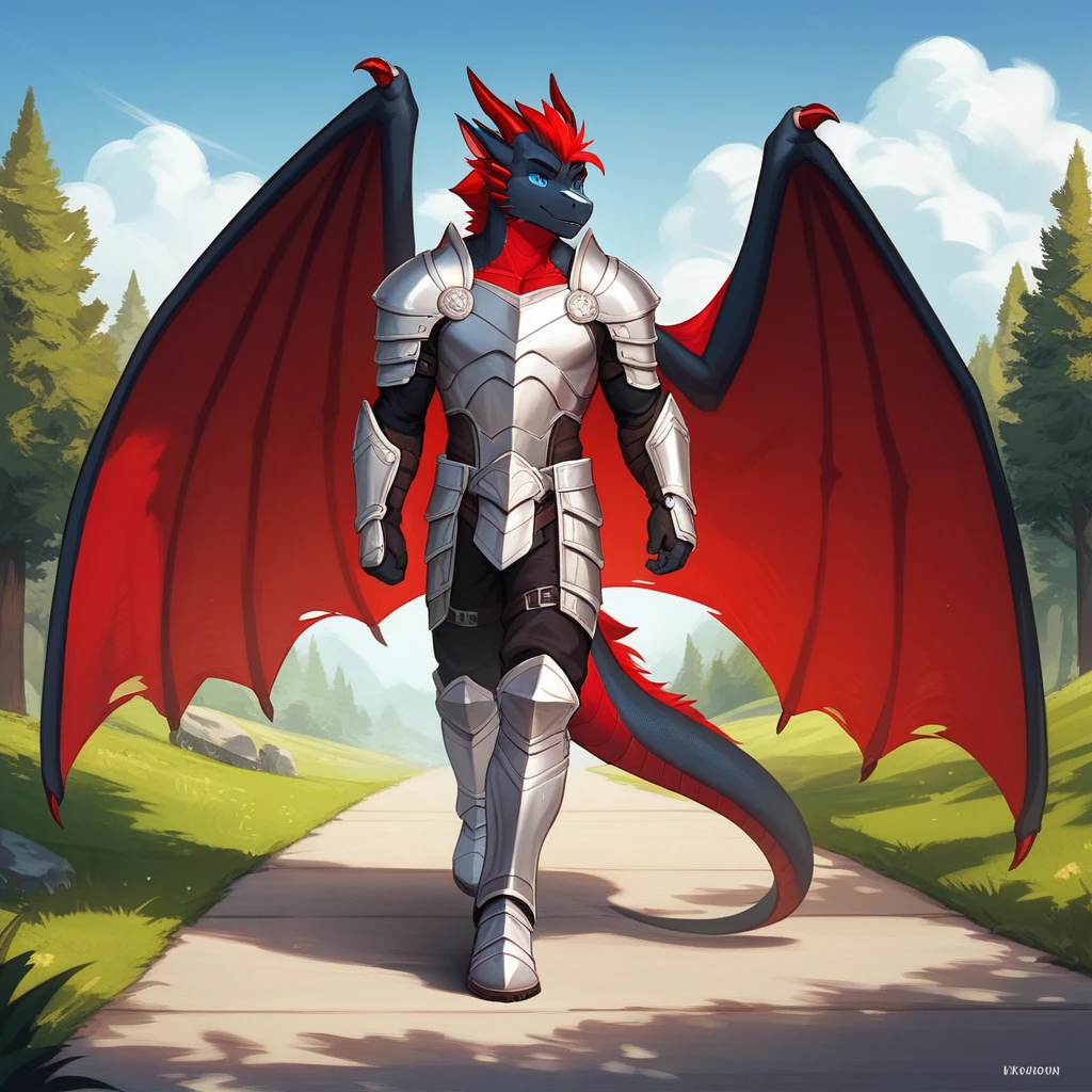 Solo, Score_9, score_8_up, score_7_up, source_cartoon, Anthro male, A black dragon, black dragon with red highlights on scales, black and red wings, blue eyes, standing, wearing knights armor, walking down a trail, outdoors, on an adventure