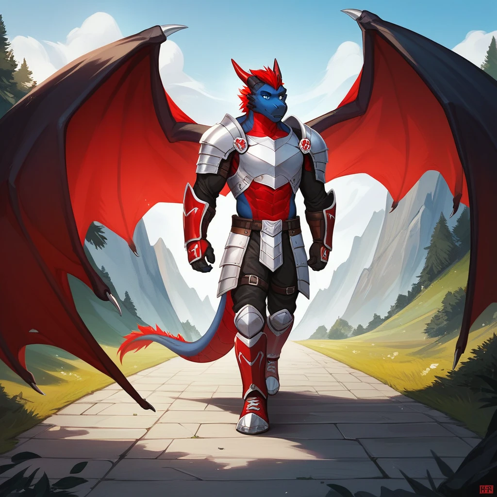 Solo, Score_9, score_8_up, score_7_up, source_cartoon, Anthro male, A black dragon, black dragon with red highlights on scales, black and red wings, blue eyes, standing, wearing knights armor, walking down a trail, outdoors, on an adventure
