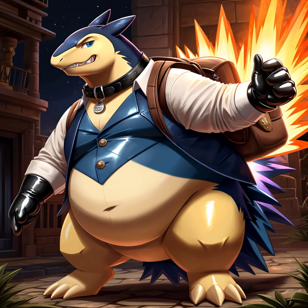 Solo, Male, fat, extremely obese, gentleman, dapper Professor Typhlosion, blue eyes, (posing:1.3), (soft shading), 4k, hi res, ((detailed face, detailed)), looking at viewer, evil grin, steampunk, collared shirt with buttons, top hat, male focus, Explorer Outfit, glasses, monocle, bag, vest with buttons, backpack, sleeves rolled up, round eyewear, brown headwear, brown vest, Typhlosion is wearing a glossy leather dog collar around the neck, Typhlosion is wearing the leather collar and shirt and vest at the same time, Typhlosion is wearing glossy white rubber gloves on the hands, wearing white rubber gloves on the feet, Typhlosion is wearing glossy white cuffs around the wrists with cufflinks, gloves are rubber in texture, clenching teeth, clenching fists, leather collar is glossy and shiny with a lot of detail, Typhlosion is wearing gloves and cuffs and cufflinks at the same time, leather collar has a round dog-tag, leather collar is thick and detailed.