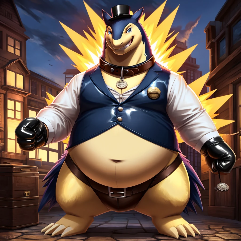 Solo, Male, fat, extremely obese, gentleman, dapper Professor Typhlosion, blue eyes, (posing:1.3), (soft shading), 4k, hi res, ((detailed face, detailed)), looking at viewer, evil grin, steampunk, collared shirt with buttons, top hat, male focus, Explorer Outfit, glasses, monocle, bag, vest with buttons, backpack, sleeves rolled up, round eyewear, brown headwear, brown vest, Typhlosion is wearing a glossy leather dog collar around the neck, Typhlosion is wearing the leather collar and shirt and vest at the same time, Typhlosion is wearing glossy white rubber gloves on the hands, wearing white rubber gloves on the feet, Typhlosion is wearing glossy white cuffs around the wrists with cufflinks, gloves are rubber in texture, clenching teeth, clenching fists, leather collar is glossy and shiny with a lot of detail, Typhlosion is wearing gloves and cuffs and cufflinks at the same time, leather collar has a round dog-tag, leather collar is thick and detailed.