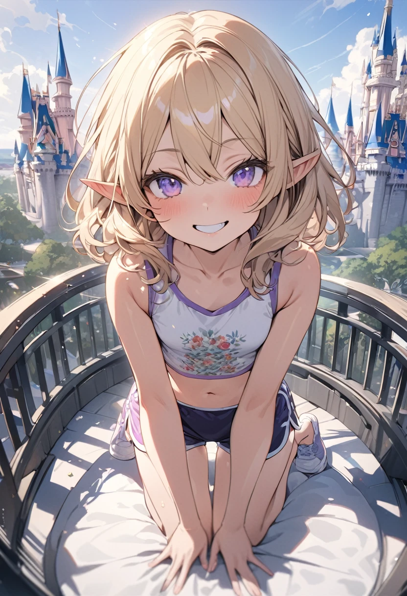 ((Masterpiece)), ((best quality)), (ultra-detailed), ((kawaii)), ((extremely detailed)), 4K, (8K), (super detail:1.2),(High Definition:1.3), (Professional Photography:1.2), (wide shot), cinematic lighting, (sharp focus), (perfect light), ((1girl)), ((12 years old)), cute young girl, (very grin), (Beautiful purple eyes:1.2), (dark skin), elf girl, (small chest), (Embroidered cute tanktop)), cute navel, cute dolphin shorts, (Healthy slim body), (long bangs), silky and straight hair, (medium hair), ((beautiful blond hair)), BREAK, ((best quality)), ((extremely detailed)), (loose kneeling on the rooftop), (the Disney Resort), Cinderella Castle spreading out below,