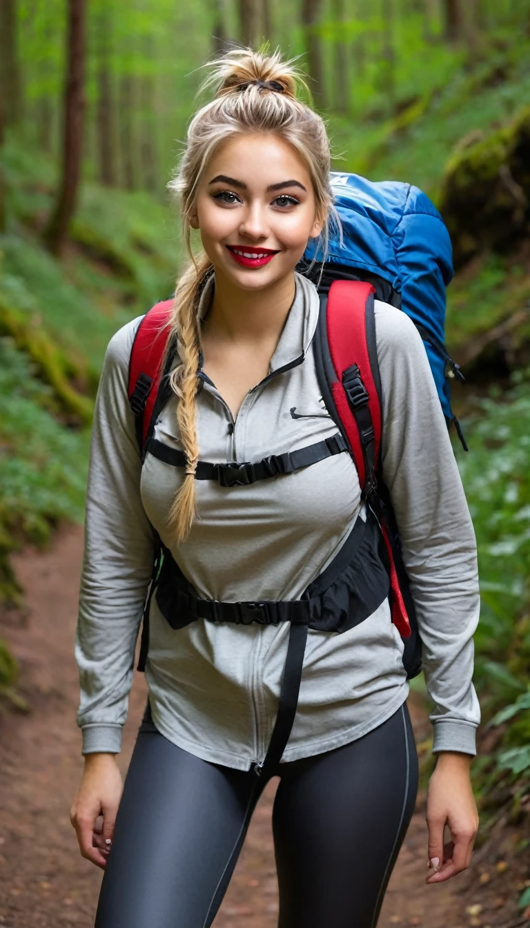 ultrarealistic high quality fullbody photo of a beautiful busty slim european 19-year-old mwoman with cute hyperdetailed shy face and dyed platin blonde long messy ponytail hair and happy face, realistic round hazel eyes, red lips, dark eye makeup with eyeliner, wearing soaking wet outdoor leggins hiking outfit with backpack, hourglass body, outdoor shooting on a gorge with bright sun
