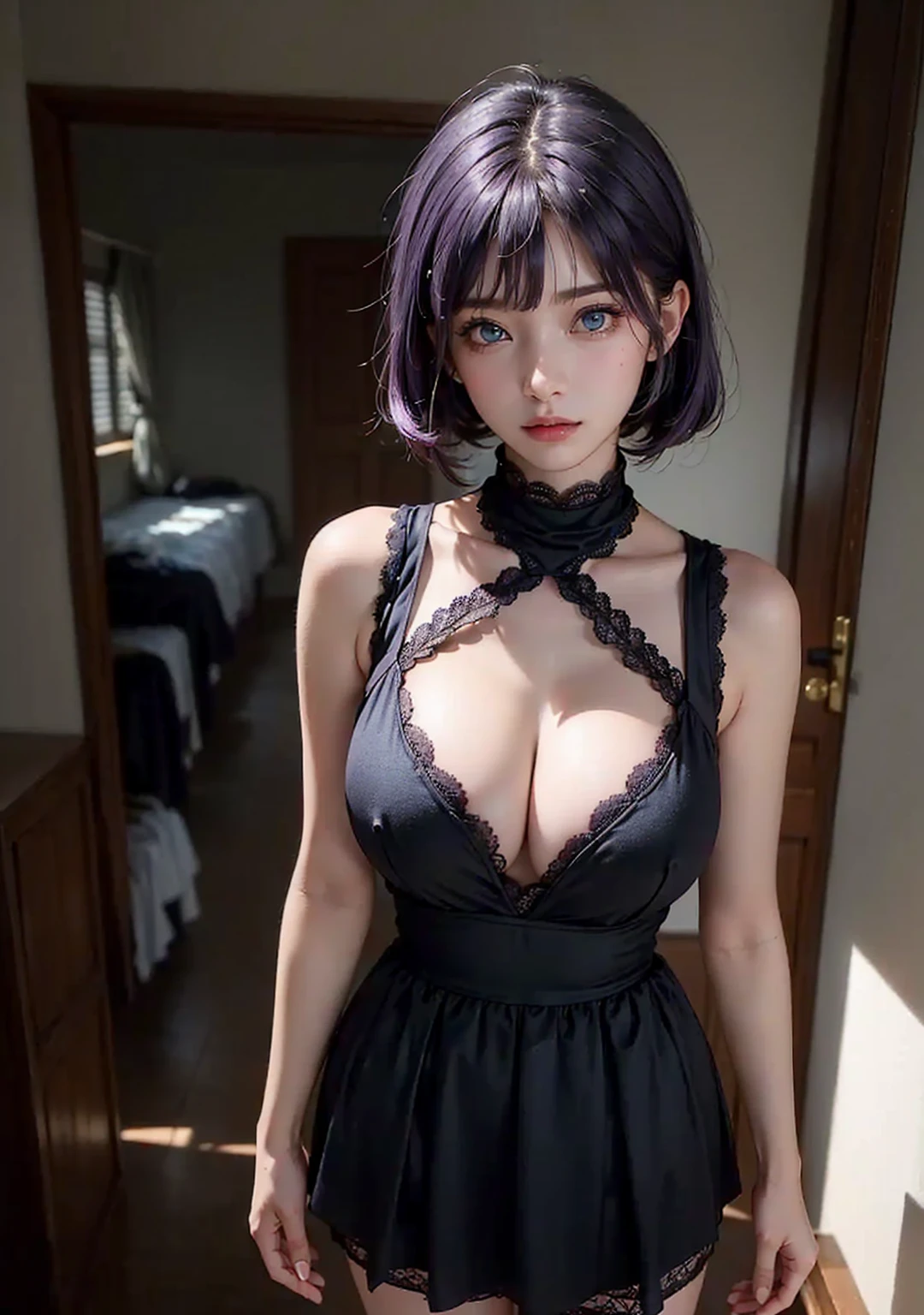 ((((1girl with straight medium strong purple hair and blue eyes, wearing a sleeveless strep dress, high waist round mini skirt, black deep v-neck cleavage, lace turtleneck, black tight high sock)))), (((solo, slim body))), (((bedroom))), (((((beautiful huge and voluminous breasts, draping clothes on breasts))))), (((18 years old))), (((((swept bangs))))), ((masterpiece), (best quality), (beautiful), (masterwork), (hyper-realistic), (wallpaper), (strong breeze)), (scene composition), ((((standing, facing)))), beautiful detailed girl, extremely detailed eyes and face, beautiful detailed eyes, light on face