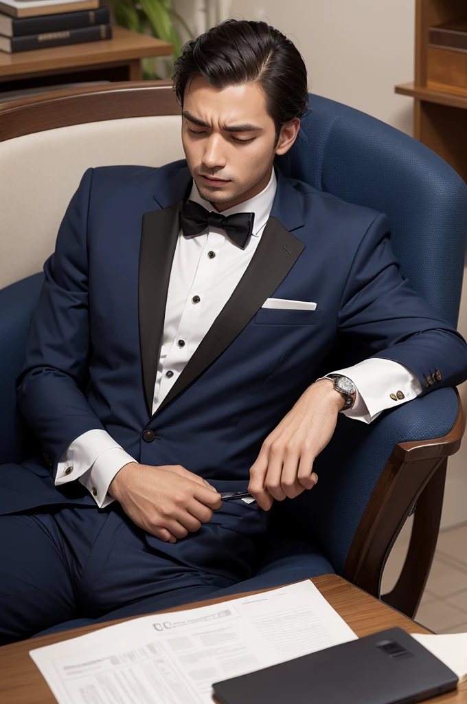 man dressed in formal clothes, sleeping in his office armchair with his head slumped on the desk