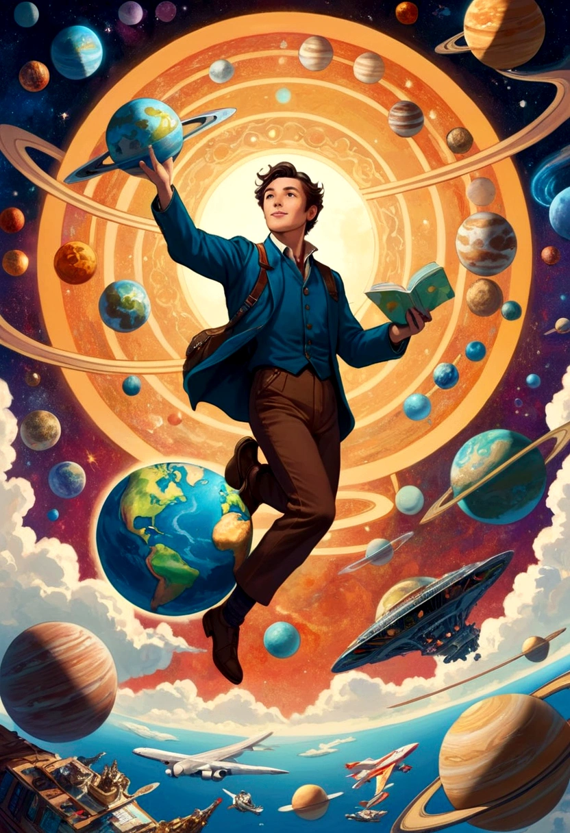 A man flies through the sky,Surrounded by a planet,A variety of goods surround it。The man holds the map,'s illustration。