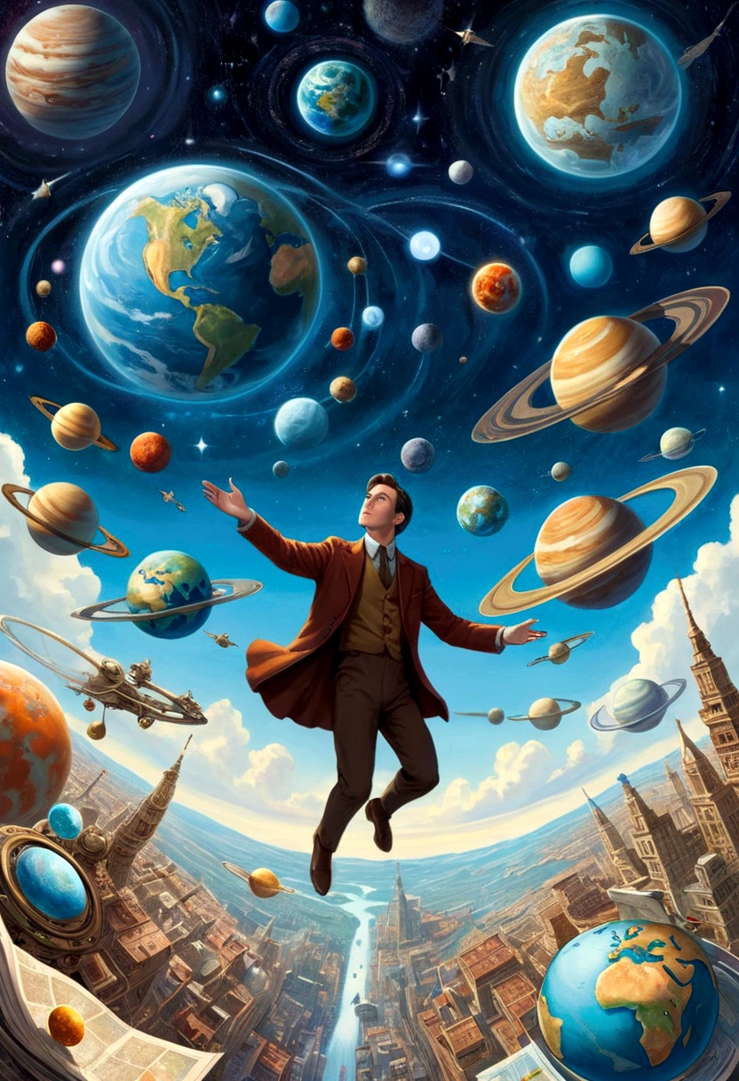 A man flies through the sky,Surrounded by a planet,A variety of goods surround it。The man holds the map,'s illustration。