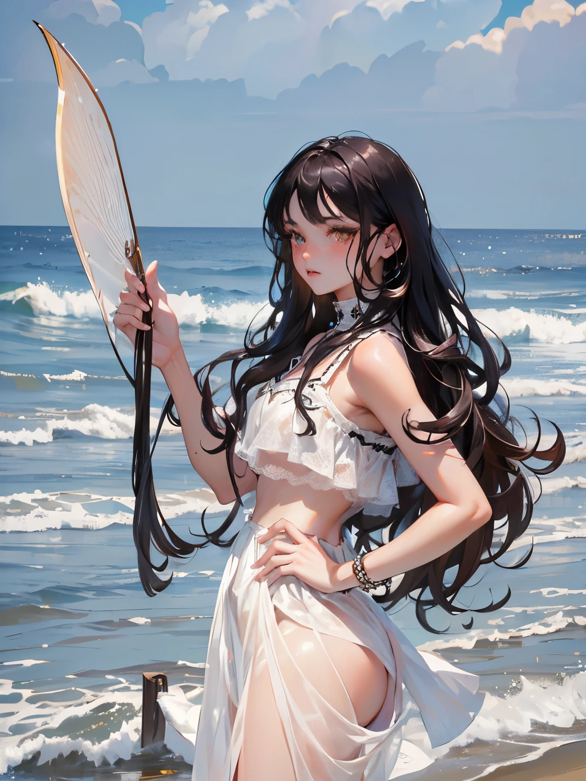 ((wavy blak hair color)),((dark brown skin)), (((amber eyes))), freckles, warm light,( 16 years old),busty,Glamour,Gorgeous,monochromes, posing,Dynamic Posing,Arrange Pose,Dramatic,Cinematic,Detailed background, Dynamic Angle,From the angle of the film,Gothic background, Dark fantastic view,Best Quality,masutepiece,8K,The ultimate detailed dark background, Top image quality、RAW photography、超A high resolution，cropped shoulders, overall look is very 、Shot for one person only, model shoot, Large round , Beautiful Eyes of Details、Very slender eyes、Beautiful eyelashes、Very slim physique, with blush cheeks,Pearl Beaded Bralet Top, ((pearl top))