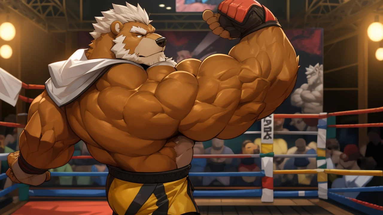 solo, 1boy, Huge Muscular Old Grizzly Bear wearing kickboxing MMA belt , thick pectoral, thick arms, huge pectoral, wide pectoral, hige brown fur, short white hair, Kickboxing MMA shorts, kickboxing MMA gloves, Kickboxing MMA Footwear 5 toes and shirtless, bearded, Kickboxing Martial Arts Cage Tournament background, masterpiece, semirealistic:1.2, high detailed, 8k, high resolution, flexes his bicep