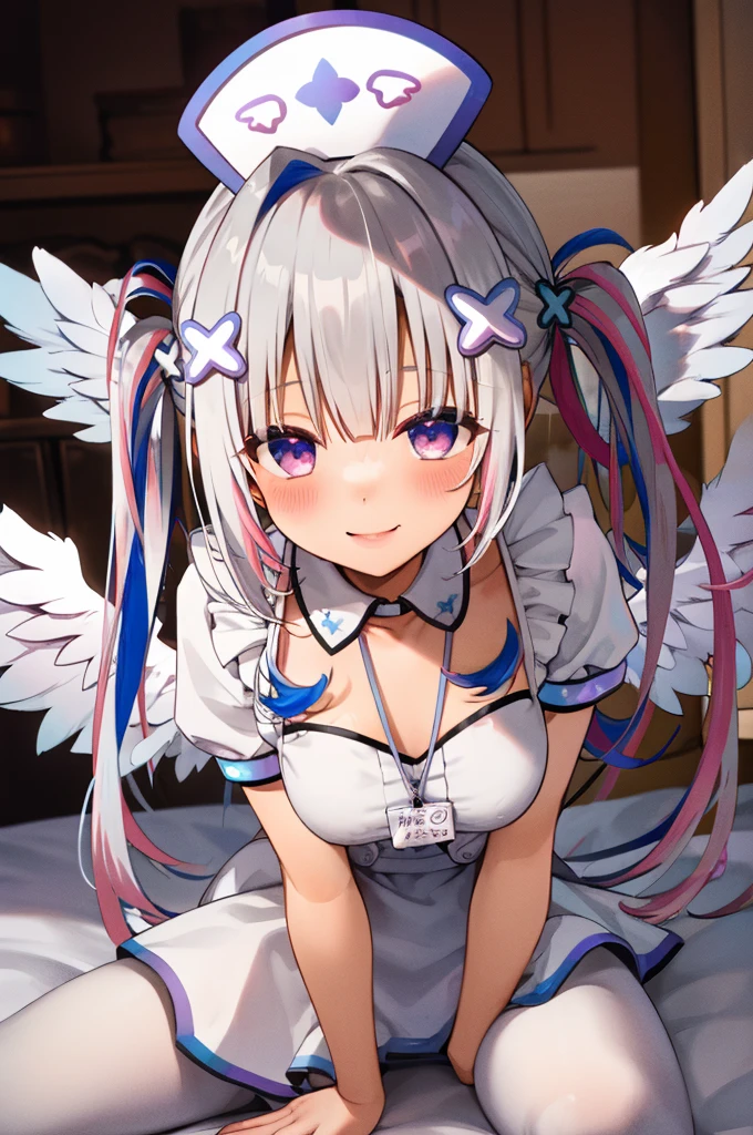 best quality, highres, 1girl, amane kanata, solo, hat, nurse cap, grey hair, multicolored hair, blue hair, wings, purple eyes, hair ornament, colored inner hair, angel wings, braid, bangs, official alternate hair length, streaked hair, single hair intake, x hair ornament, pink hair, official alternate hairstyle, twintails, nurse costume,on bed,smile,white pantyhose