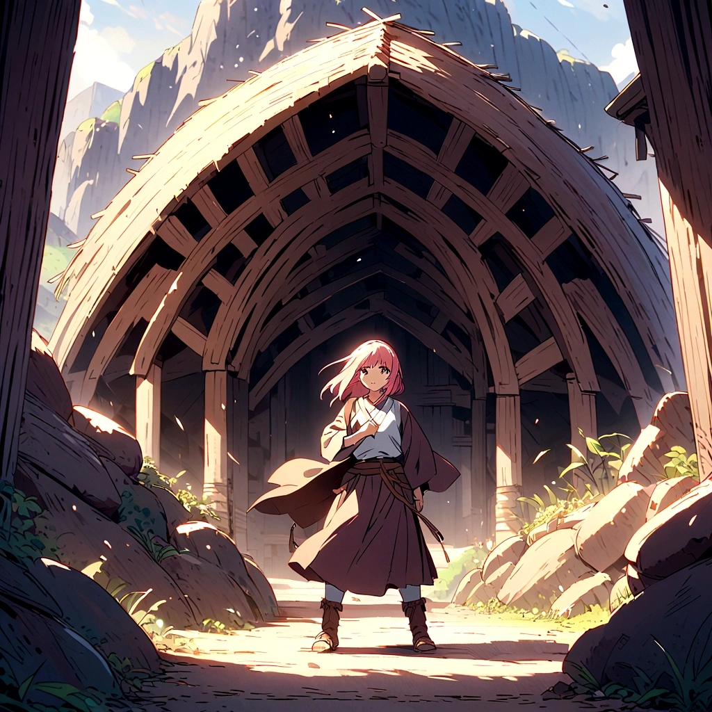 A scene from a movie、whole body、Straw House、Ancient people、Pink haired native
