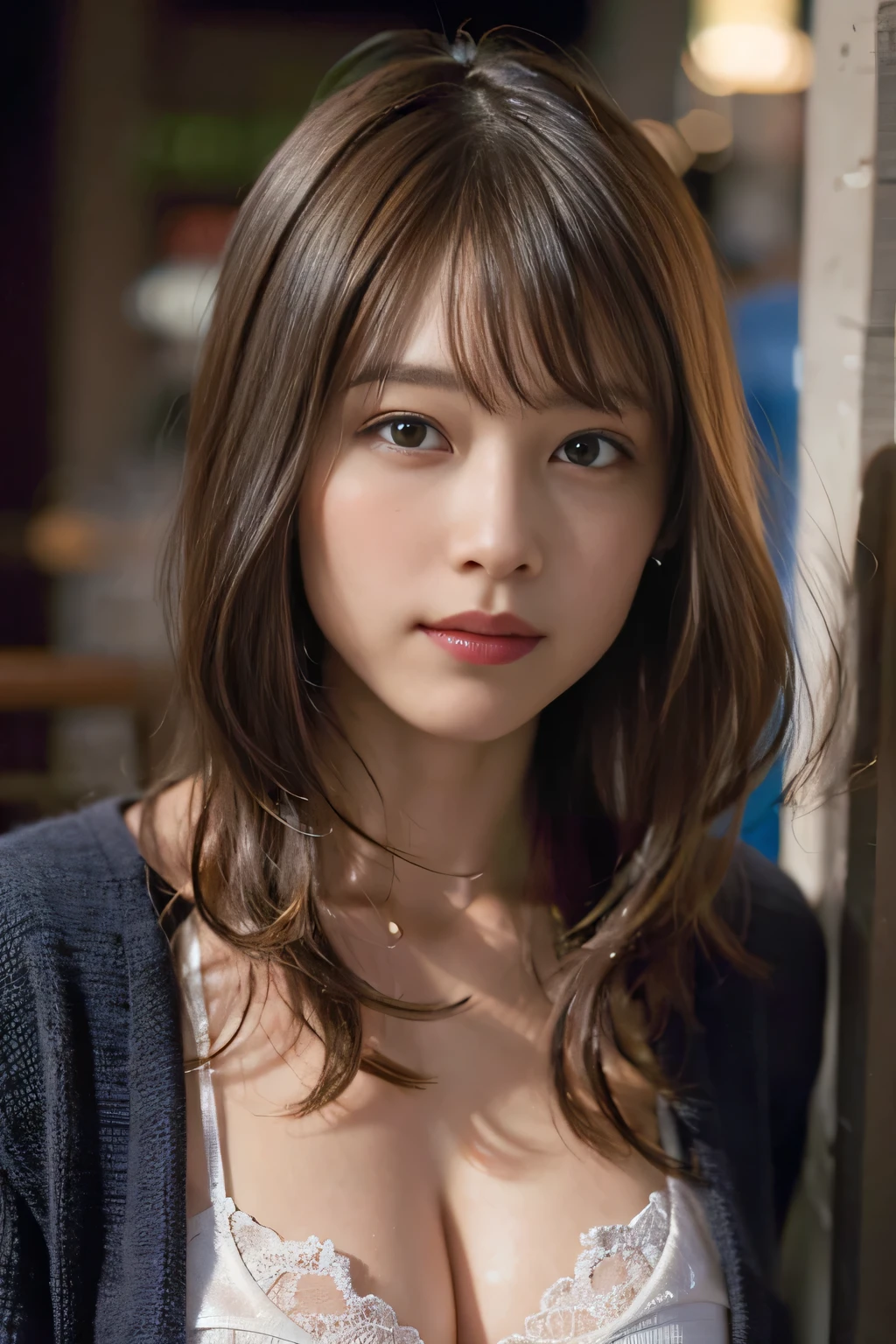 (8K, RAW Photos, Highest quality, masterpiece:1.2), (Realistic, photo-Realistic:1.37), Very detailed, Ultra-high resolution,1 Girl,Show Viewer,Beautifully detailed face,smile,narrow,(Slim waist:1.3),, Beautiful and detailed skin, Skin Texture, {Short bob Hair:1.2},Professional Lighting, {Medium sized breasts}、Her cleavage is visible、{Wearing a White bra:see-through:nipple}、Bra is visible