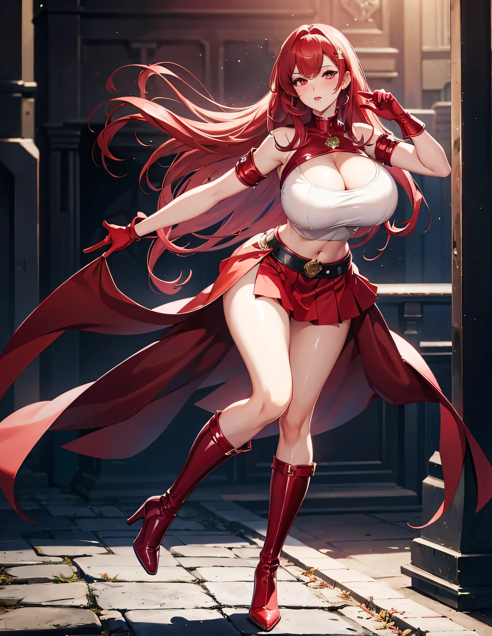 Full body, beautiful red eyes, blush, cute face, high quality, 8k, high resolution, (1 cute woman, solo: 1.1), gigantic breasts, lips, parted lips, beautiful background, red hair, shiny red crop top, shiny red skirt, shiny red gloves, shiny red heel boots, naked shoulders