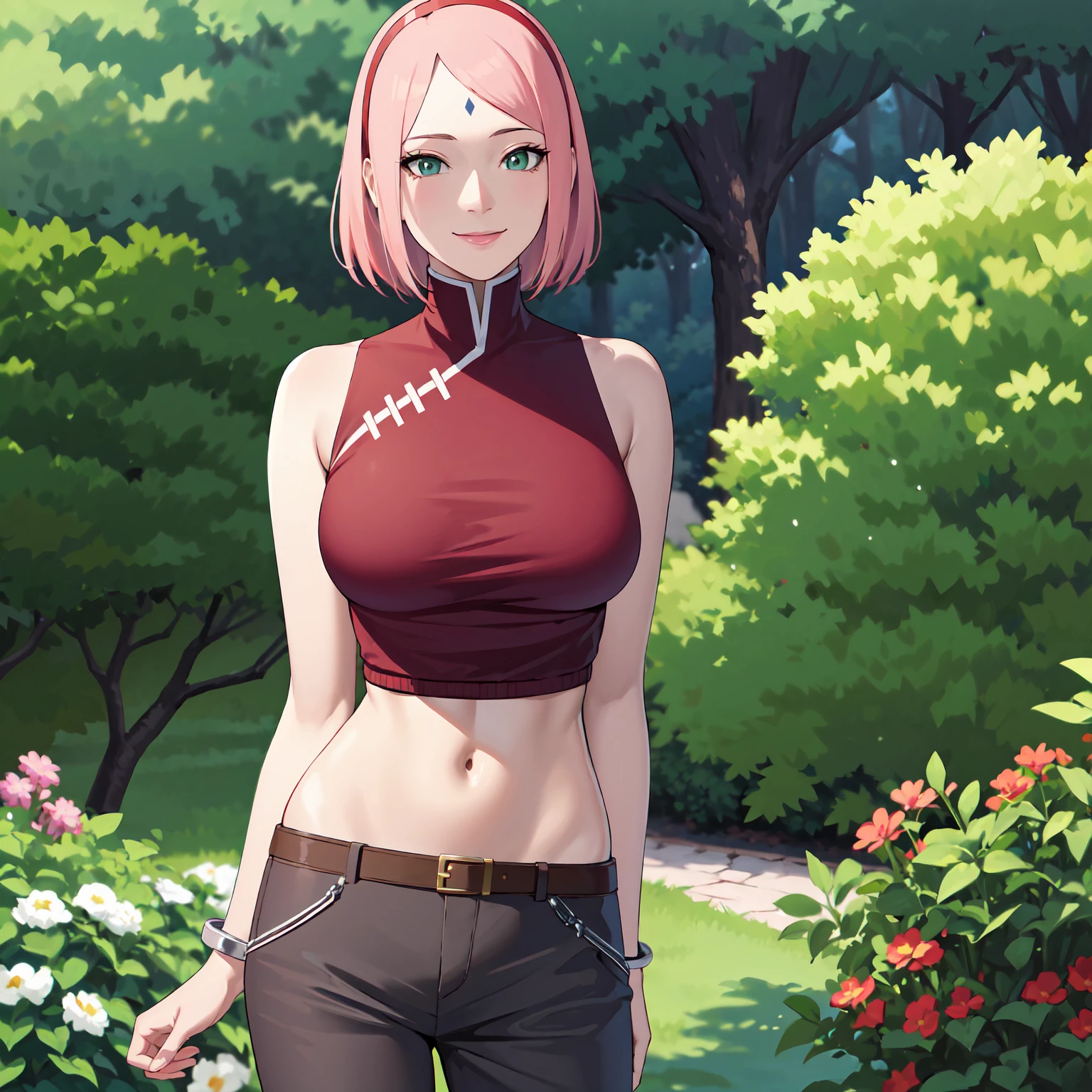 score_9,score_8_up,score_7_up, source_anime, red sleeveless, white pants, navel, blush, smile, outdoors, sakurabr, haruno sakura, 1girl, forehead mark, red hairband, mature female, slim waist, big breast, big ass, stockings, sitting, spreading legs, facing front, ahegao