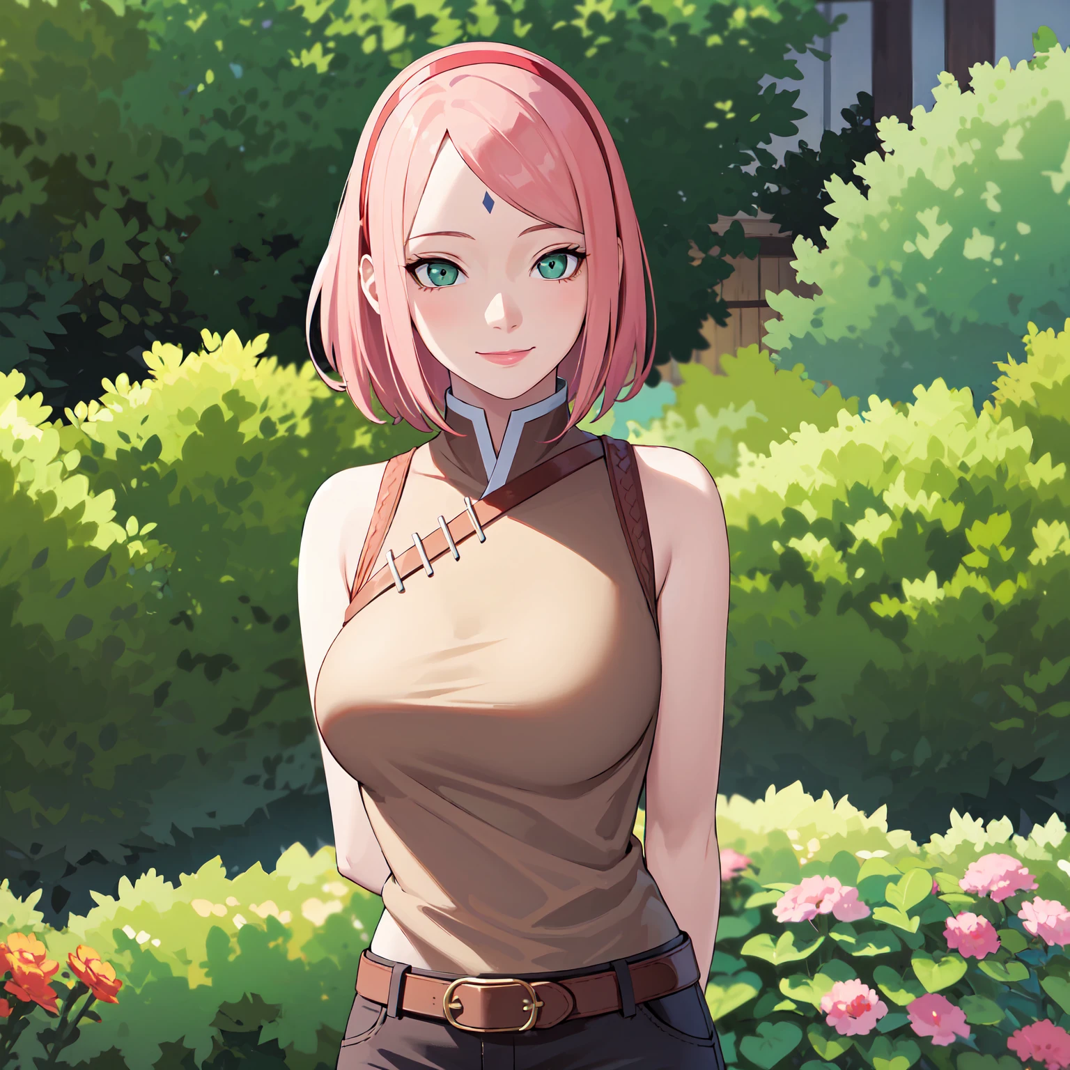 masterpiece, best quality,sharpness,absurdres ,1girl, haruno sakura,forehead mark, red hairband,(knitted sweater:1:1),belt,(cargopants:1), bracelet, looking at viewer, (arms behind head:1.1), smile,, middle large breasts,standing in a garden,arms behind back,closeup,only upperbody
