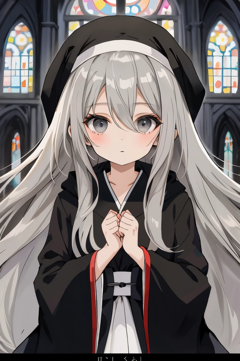 anime girl with long grey hair and grey eyes wearing black church robes
