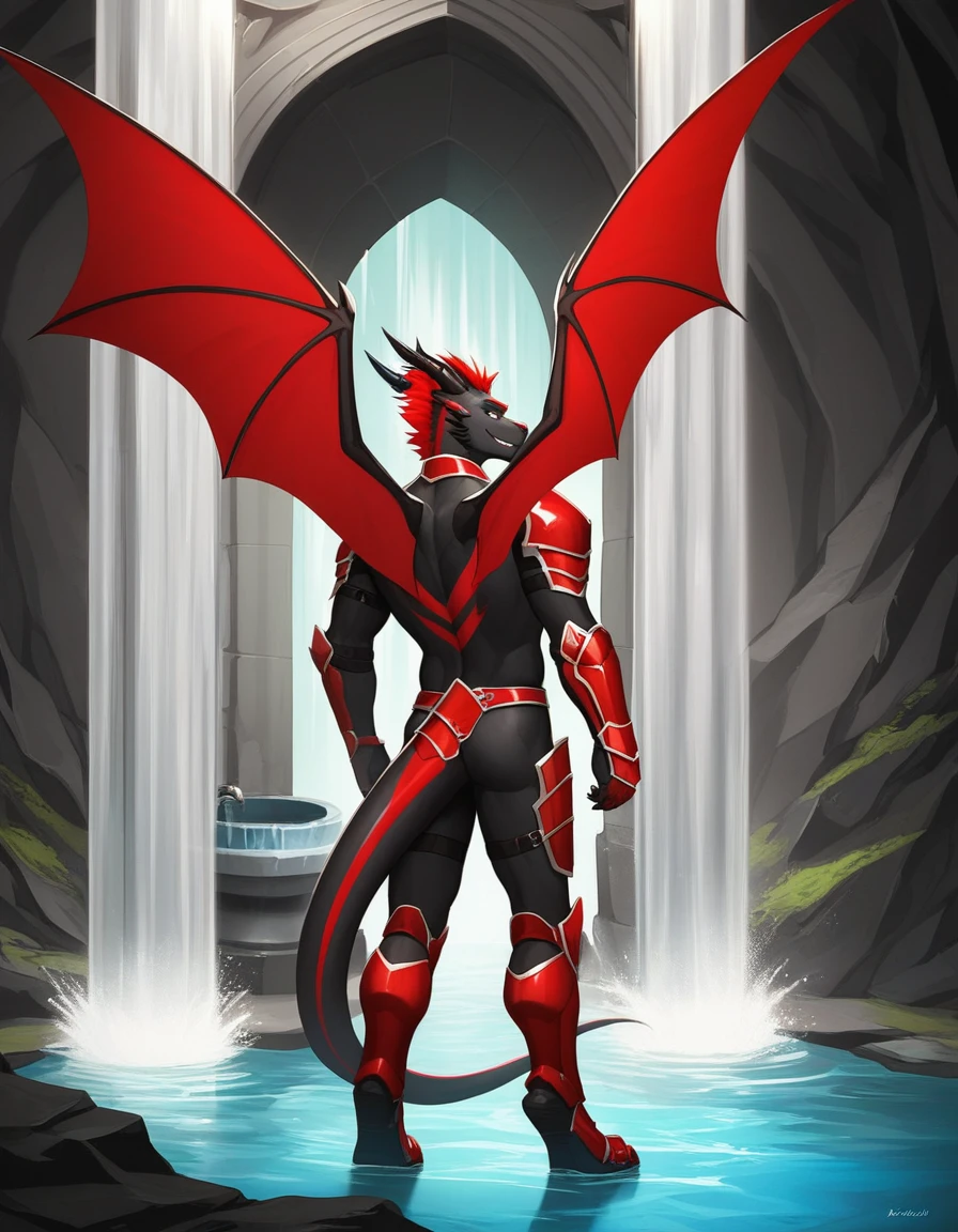 Solo, Score_9, score_8_up, score_7_up, source_cartoon, Anthro male, A black dragon, black dragon with red highlights on scales, black and red wings, blue eyes, standing, wearing knights armor, standing in front of a giant magical fountain, in a cave, he looks amazed, taken aback, looking at the fountain, magic water, in a dark cave, rear view of him