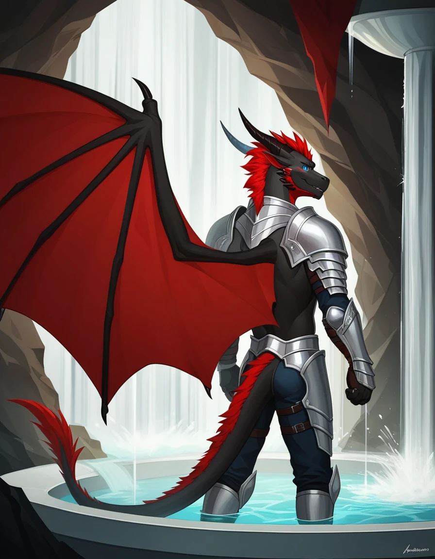 Solo, Score_9, score_8_up, score_7_up, source_cartoon, Anthro male, A black dragon, black dragon with red highlights on scales, black and red wings, blue eyes, standing, wearing knights armor, standing in front of a giant magical fountain, in a cave, he looks amazed, taken aback, looking at the fountain, magic water, in a dark cave, rear view of him