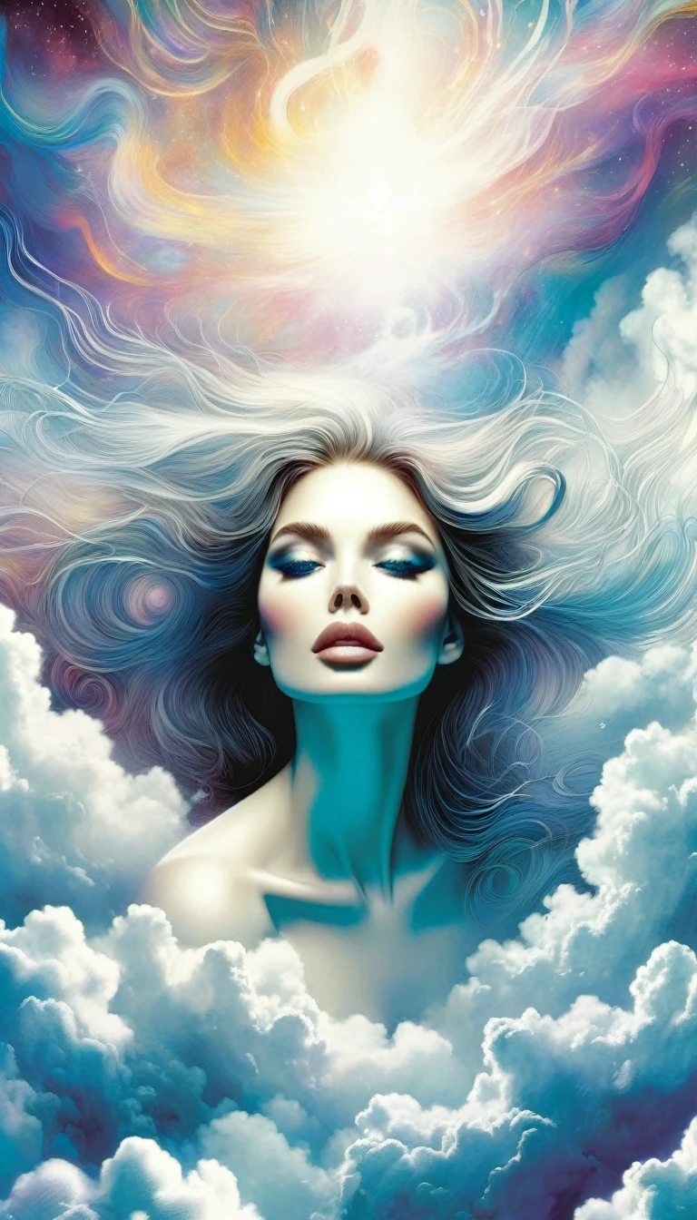 surrealistic goddess woman sitting on cloud, beautiful landscape, sketch, pen drawing, white background, highly detailed, photorealistic, dramatic lighting, vibrant colors, masterpiece, (best quality,4k,8k,highres,masterpiece:1.2),ultra-detailed,(realistic,photorealistic,photo-realistic:1.37),intricate details,cinematic composition,dramatic pose,elegant features,porcelain skin,piercing eyes,full lips,flowing hair,dreamy atmosphere,divine presence,ethereal beauty,floating in clouds,stunning scenery,natural elements,inspired by Bill Sienkiewicz
