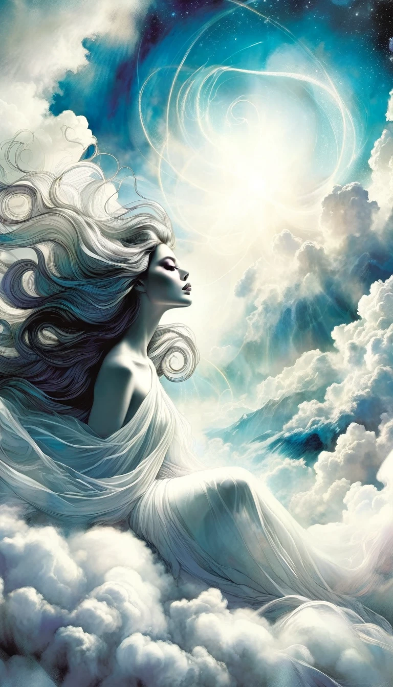 surrealistic goddess woman sitting on cloud, beautiful landscape, sketch, pen drawing, white background, highly detailed, photorealistic, dramatic lighting, vibrant colors, masterpiece, (best quality,4k,8k,highres,masterpiece:1.2),ultra-detailed,(realistic,photorealistic,photo-realistic:1.37),intricate details,cinematic composition,dramatic pose,elegant features,porcelain skin,piercing eyes,full lips,flowing hair,dreamy atmosphere,divine presence,ethereal beauty,floating in clouds,stunning scenery,natural elements,inspired by Bill Sienkiewicz
