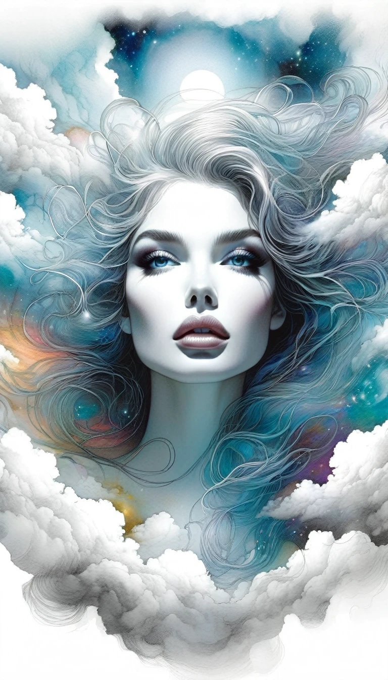 surrealistic goddess woman sitting on cloud, beautiful landscape, sketch, pen drawing, white background, highly detailed, photorealistic, dramatic lighting, vibrant colors, masterpiece, (best quality,4k,8k,highres,masterpiece:1.2),ultra-detailed,(realistic,photorealistic,photo-realistic:1.37),intricate details,cinematic composition,dramatic pose,elegant features,porcelain skin,piercing eyes,full lips,flowing hair,dreamy atmosphere,divine presence,ethereal beauty,floating in clouds,stunning scenery,natural elements,inspired by Bill Sienkiewicz