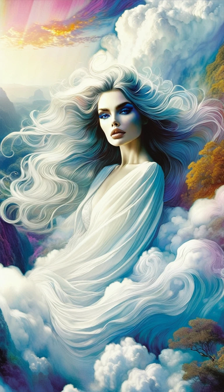 surrealistic goddess woman sitting on cloud, beautiful landscape, sketch, pen drawing, white background, highly detailed, photorealistic, dramatic lighting, vibrant colors, masterpiece, (best quality,4k,8k,highres,masterpiece:1.2),ultra-detailed,(realistic,photorealistic,photo-realistic:1.37),intricate details,cinematic composition,dramatic pose,elegant features,porcelain skin,piercing eyes,full lips,flowing hair,dreamy atmosphere,divine presence,ethereal beauty,floating in clouds,stunning scenery,natural elements,inspired by Bill Sienkiewicz
