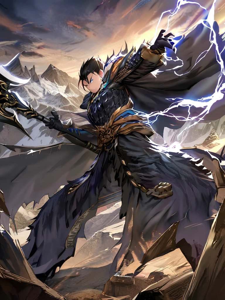 Masterpiece,best quality,Highly detailed,very detailed, Digital Artwork, Levi Buman, holding a halberd to pierce the sky, focus man, alone, Long shot, full body, black hair,blue eyes, mountain, With a beast-face belt, wearing black armor,Wear a black fur cloak, electricity, fighting posture, Embedded, glove, outdoor, black coat, from the side