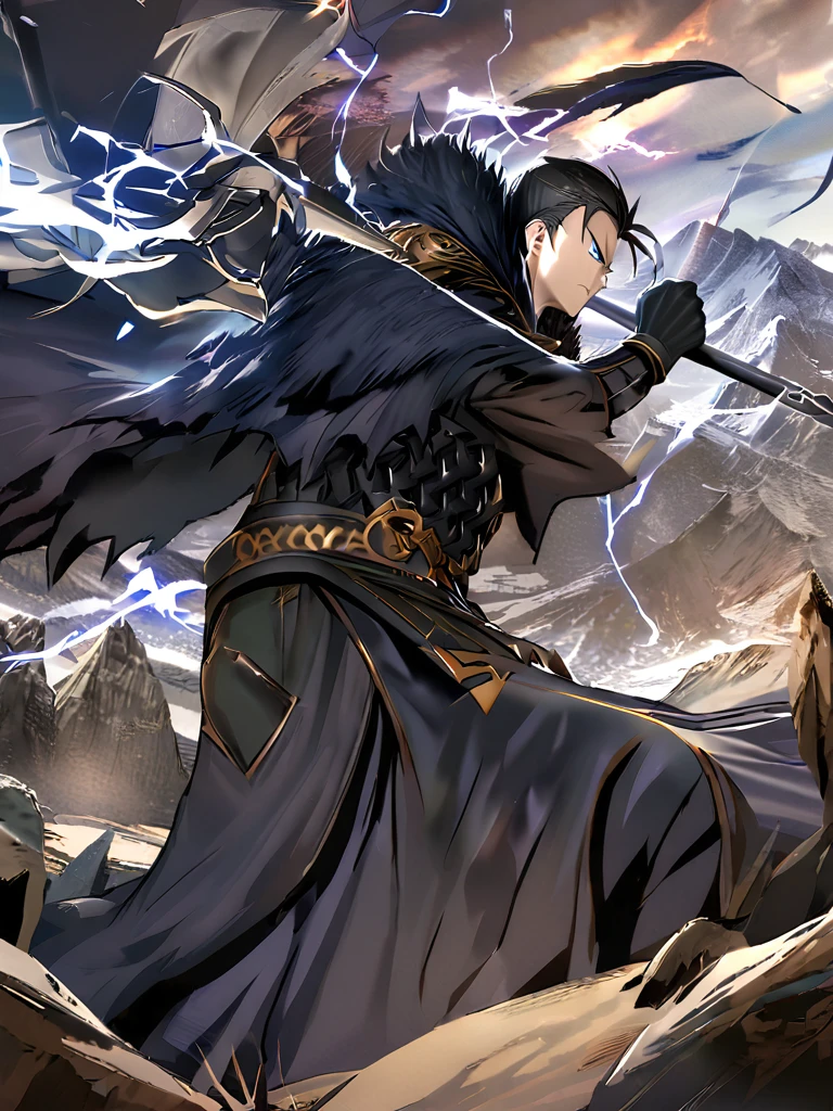 Masterpiece,best quality,Highly detailed,very detailed, Digital Artwork, Levi Buman,  holding a halberd to pierce the sky, focus man, alone, Long shot, full body,  black hair,blue eyes, mountain, With a beast-face belt, wearing black armor,Wear a black fur cloak, electricity, fighting posture, Embedded, glove, outdoor, black coat, from the side 