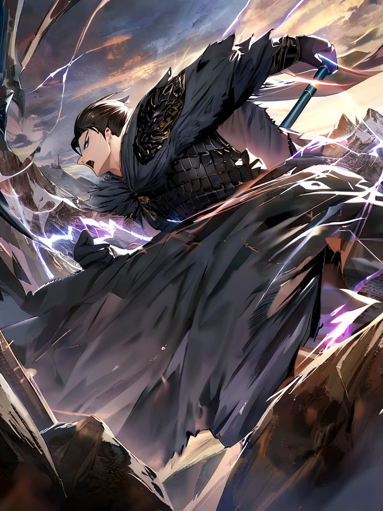 Masterpiece,best quality,Highly detailed,very detailed, Digital Artwork, Levi Buman,  holding a halberd to pierce the sky, focus man, alone, Long shot, full body,  black hair,blue eyes, mountain, With a beast-face belt, wearing black armor,Wear a black fur cloak, electricity, fighting posture, Embedded, glove, outdoor, black coat, from the side 