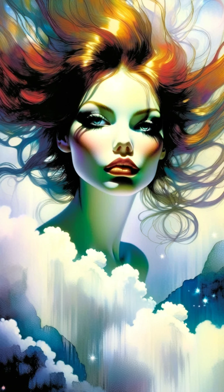 chiaroscuro technique on sensual illustration of an elegant queen (((long hair with bangs:1.4、Beautiful bangs) , vintage ,silky dress, matte painting, by John Singer Sargent, by Harumi Hironaka, abstract background, (upper body:1.5), Rainbow rain, highly detailed, digital artwork, high contrast, dramatic, refined, tonal, an intimate, seductive studio setting with a focus on sensuality and romance. Utilize soft, warm lighting that bathes the space in a gentle, inviting glow. Incorporate luxurious fabrics, plush furnishings, and a touch of decadence to evoke an opulent ambiance. The scene should exude an air of serenity and anticipation, inviting the viewer into a sensual and romantic space