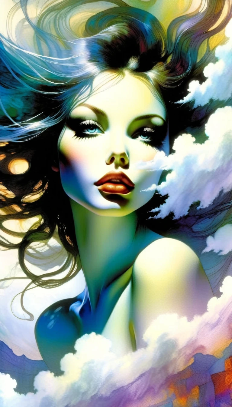 surrealistic goddess woman sitting on cloud, beautiful landscape, sketch, pen drawing, white background, highly detailed, photorealistic, dramatic lighting, vibrant colors, masterpiece, (best quality,4k,8k,highres,masterpiece:1.2),ultra-detailed,(realistic,photorealistic,photo-realistic:1.37),intricate details,cinematic composition,dramatic pose,elegant features,porcelain skin,piercing eyes,full lips,flowing hair,dreamy atmosphere,divine presence,ethereal beauty,floating in clouds,stunning scenery,natural elements,inspired by Bill Sienkiewicz