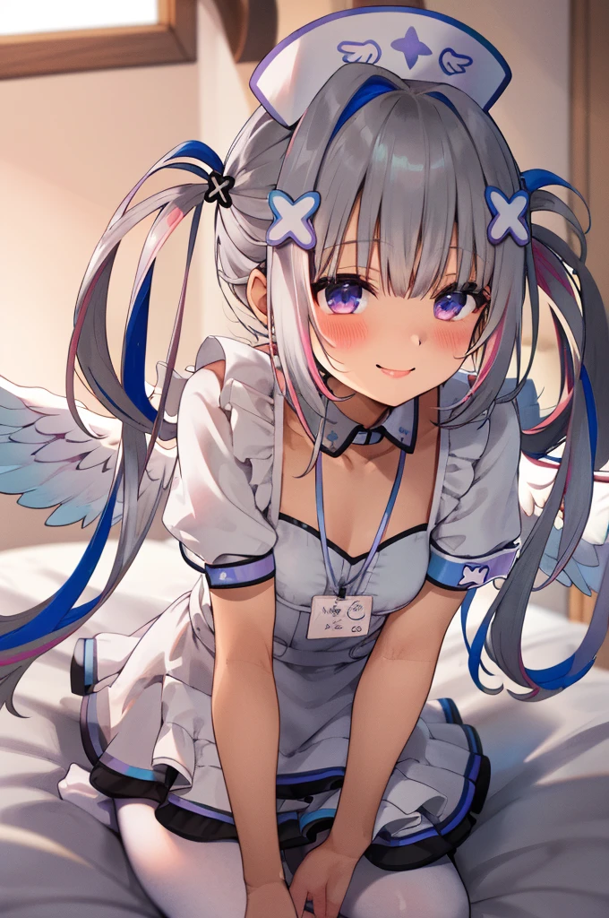 best quality, highres, 1girl, amane kanata, solo, hat, nurse cap, grey hair, multicolored hair, blue hair, wings, purple eyes, hair ornament, colored inner hair, angel wings, braid, bangs, official alternate hair length, streaked hair, single hair intake, x hair ornament, pink hair, official alternate hairstyle, twintails, nurse costume,indoor,smile,white pantyhose,blush,nsfw,squatting,open legs,spread legs,panties