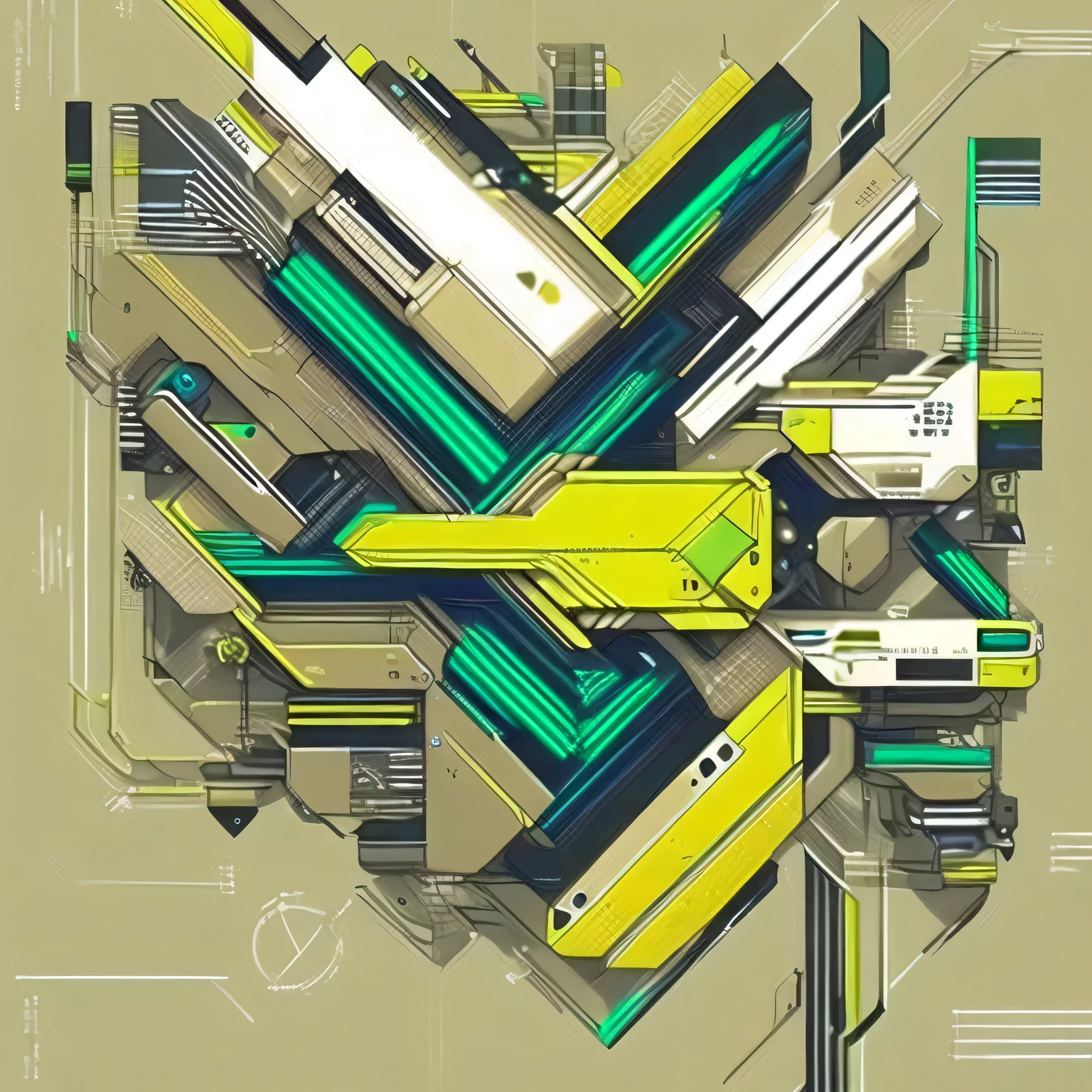 geometric composition, beige, yellow, green, blue, modern, high quality, lines, machines, ai, wires, hd, earthy colors