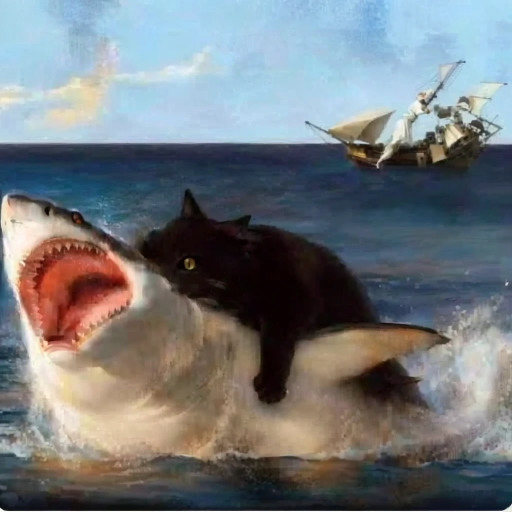 painting of a cat Riding a shaRk with a ship in the backgRound, shaRk cat hybRid, subReddit / R / baleia, jean - leon geRome, jean-leon geRome, by Jean-Léon GéRôme, jean leon geRome, they aRe chasing a baleia, by Niko HenRichon, half wolf half shaRk, composição foda