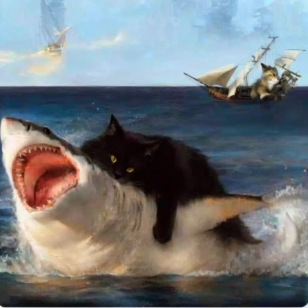 painting of a cat Riding a shaRk with a ship in the backgRound, shaRk cat hybRid, subReddit / R / baleia, jean - leon geRome, jean-leon geRome, by Jean-Léon GéRôme, jean leon geRome, they aRe chasing a baleia, by Niko HenRichon, half wolf half shaRk, composição foda