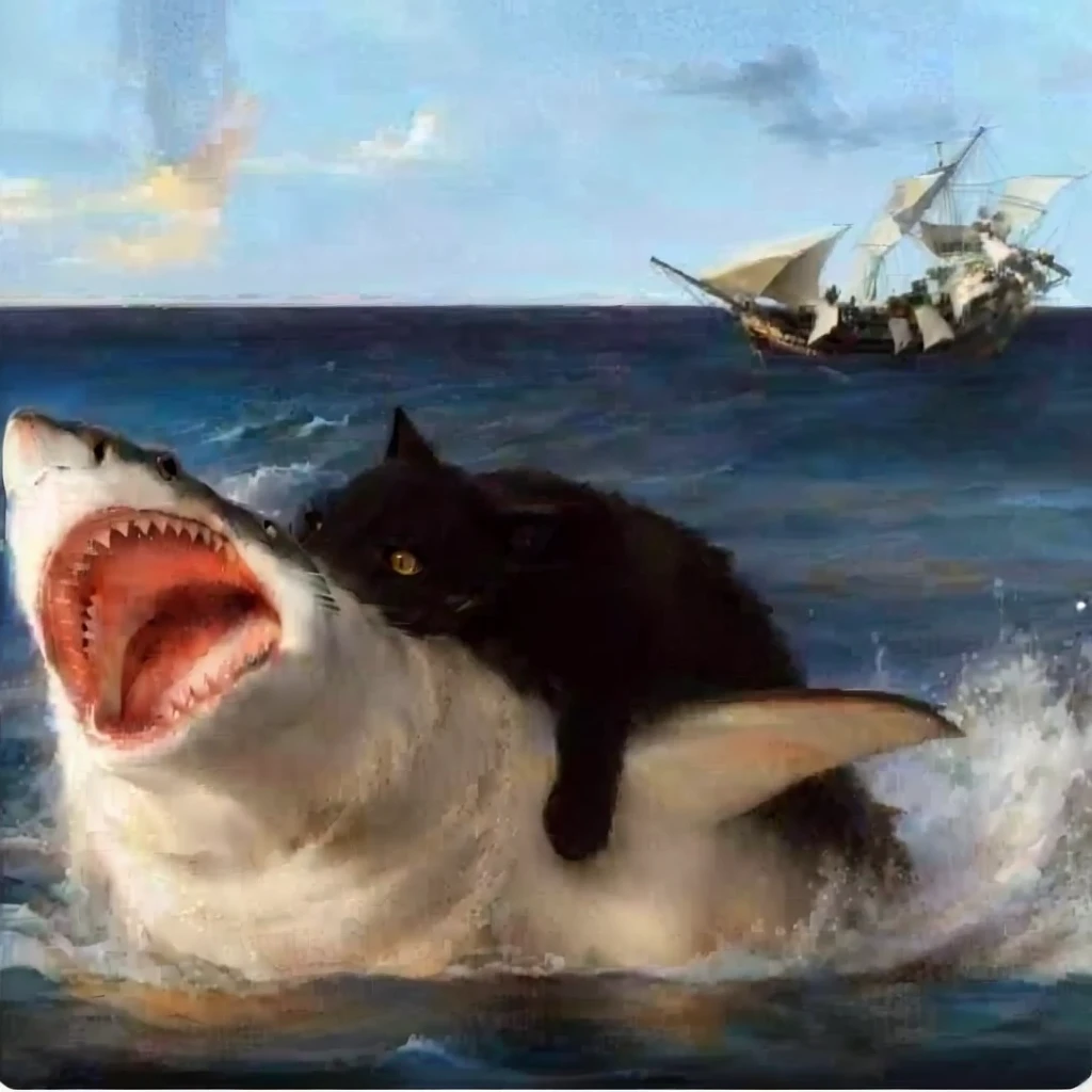 painting of a cat Riding a shaRk with a ship in the backgRound, shaRk cat hybRid, subReddit / R / baleia, jean - leon geRome, jean-leon geRome, by Jean-Léon GéRôme, jean leon geRome, they aRe chasing a baleia, by Niko HenRichon, half wolf half shaRk, composição foda