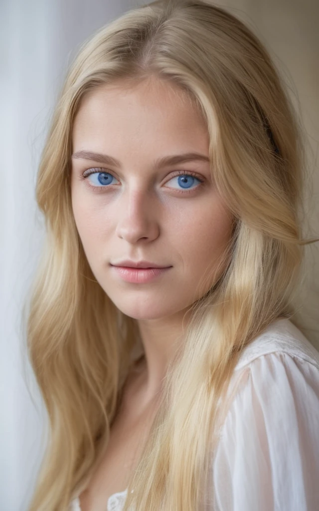 25 years old germanic woman blond hair and blue eyes with long hair 