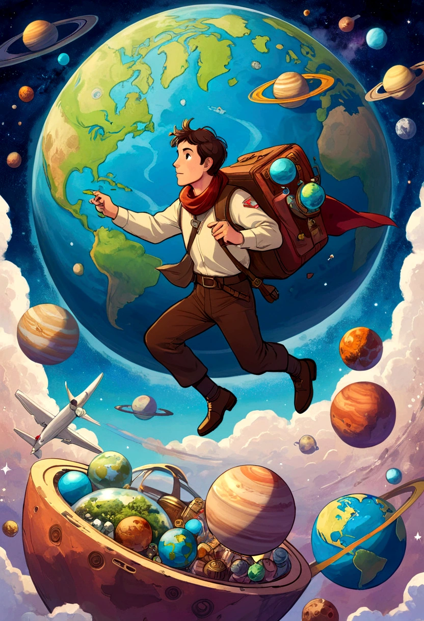 A man flies through the sky,Surrounded by a planet,A variety of goods surround it。The man holds the map,'s illustration。