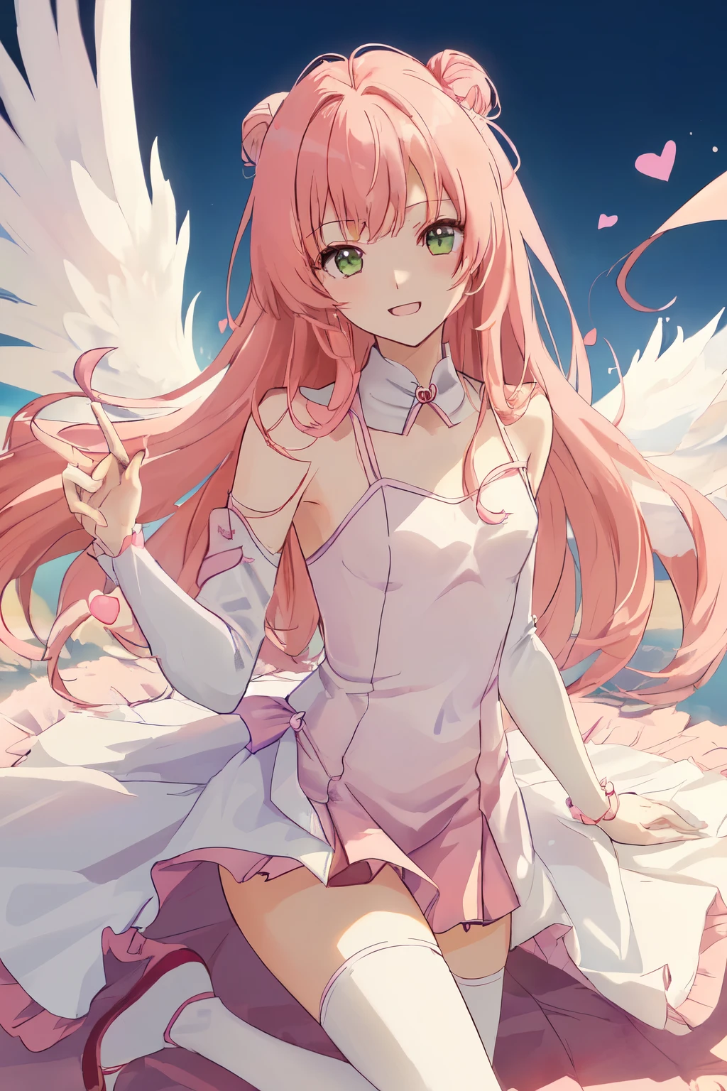 1_girl, (anime, kawai:2), (masterpeice, best_quality, clean:1.5), (sky_background:1.2), (cute, cute_smile, wholesome, young:1.8), (delicate, extremely_delicate, beautiful, thin:1.5), (girlfriend, angel:1.8), (green_eyes, simple_eyes:1.8) (long_hair, blond_hair, wearing_pink_dress, pink_angel_wings:1.5), extremely_delicate, (love_magic:1.5), (age_size_fits_body), (small_thighs:1.3), (breasts), (eye_level:1.3), (heart_magic, love:1.5), (folded_legs:1.5), (combat:1.2)