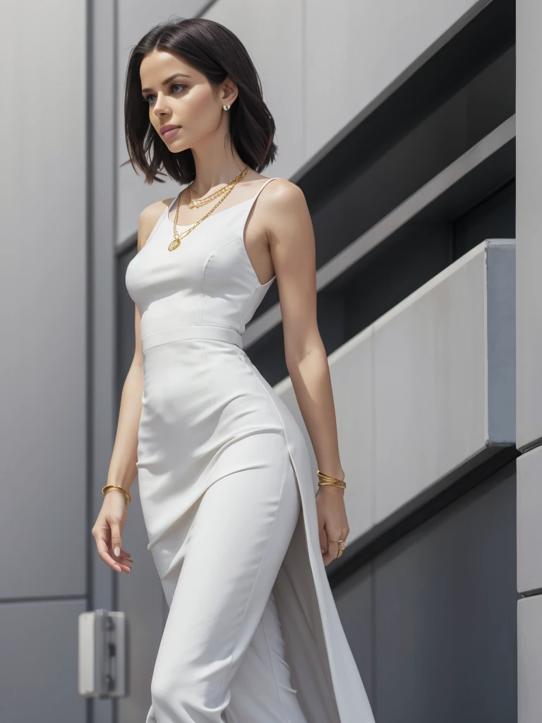 makeup, mascara, simple color palettes, woman 25 years old, stylish, Clean, sharp designs, flowing silhouettes, Tight skirts and pants, high-waisted skirts and pants, simple dresses, shirts and blouses, asymmetrical, geometric, Elegant and luxurious materials and designs, Simple, minimal accessories, gold necklace, gold bangle, Slim necklaces and rings in silver or gold, Simple bangles, Distinctive designs, simple silhouettes, chic and mature impression, simple and sophisticated style, elegance, minimalism, high quality materials, cool and urban impression, high fashion, , simplicity and sophistication, plain white dress, chic white dress, busty,[[KateBeckinsale]],[[[Jenna Coleman]]],[[[Tricia Helfer]]]
