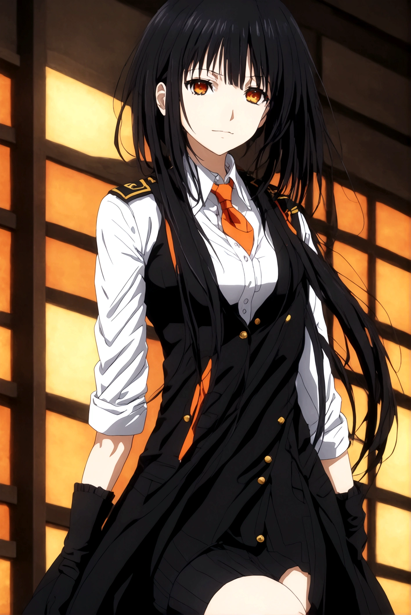 Anime adaptation for this character, (masterpiece) , (best quality), (ultra HD), 4K, tokisaki kurumi, tokisaki kurumi, heterochromia, black hair, very long hair, red right eye, yellow left eye, ornament hair, large breast, white shirt, orange necktie, belt, pouch, black pants, thigh boots, military hat, black gloves, black wings, orange halo