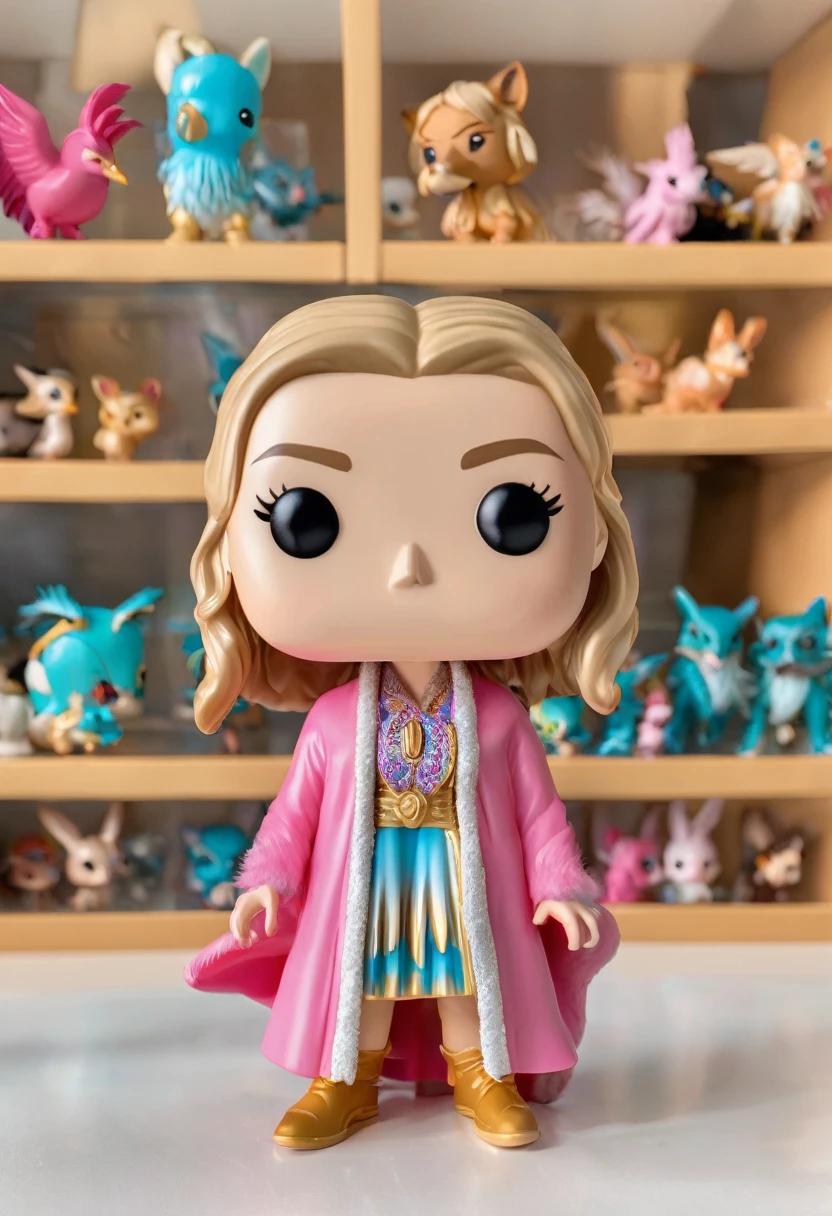 A funko pop on the side of the box of a white woman with light brown hair, and a pink robe with feathers