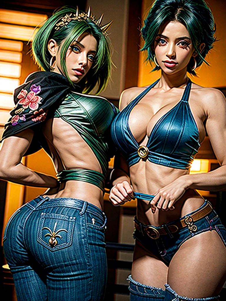 kefla from dragon ball super,1girl,wearing jeans and crop top,green spike hair,beautiful detailed eyes,beautiful detailed lips,extremely detailed eyes and face,longeyelashes,natural breasts,dynamic pose,highly detailed,intricate details,ultra-realistic,8k,photorealistic,masterpiece,studio lighting,digital painting,vibrant colors,hyperdetailed,sharp focus