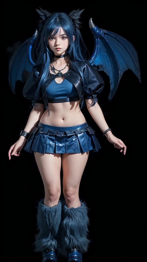 a close up of a girl in a blue skirt, with blue crop top and furry blue boots, female art student, adolescent, zoomed out full body, detailed full body, Blue dragon wings, beautiful girl with epic blue hair, a 7 goth anime girl.