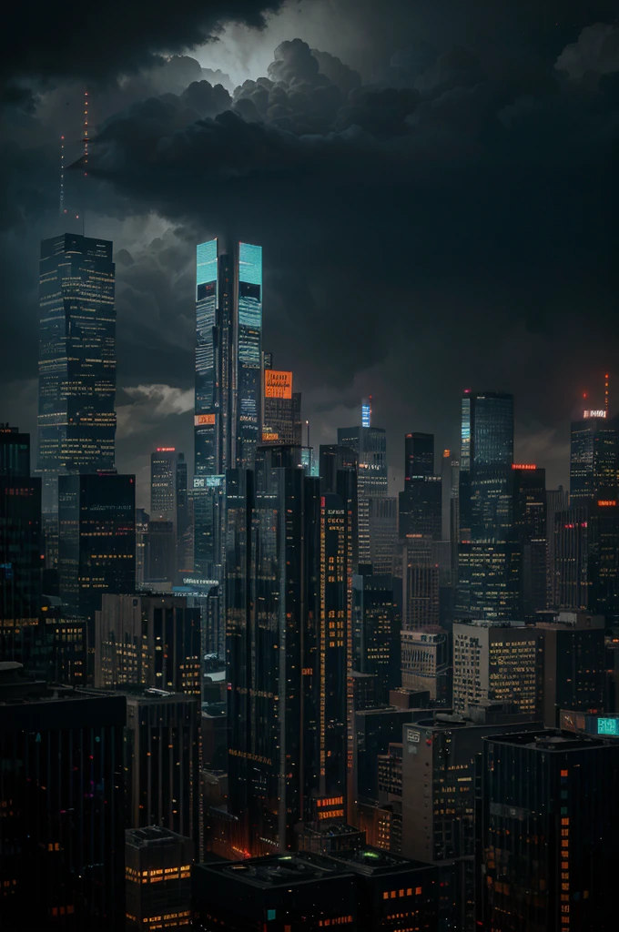 detailed cyberpunk cityscape of Detroit, USA, skyscrapers, neon lights, rainy atmosphere, moody lighting, advanced futuristic architecture, science fiction, cinematic composition, dramatic clouds, gritty urban environment, detailed textures, elegant futuristic vehicles, dystopian aesthetic, intricate details, photorealistic, 8K, HDR, cinematic lighting