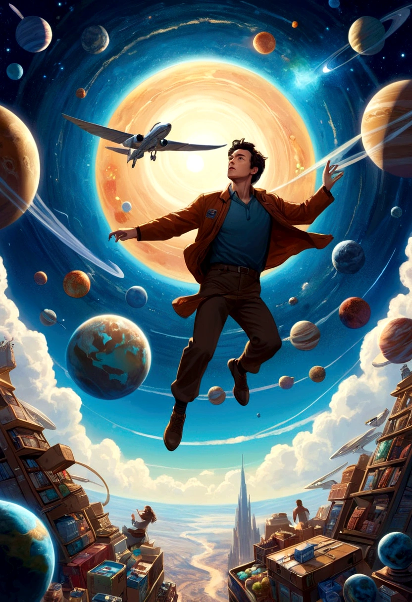 A man flies through the sky,Surrounded by a planet,A variety of goods surround it. 's illustration。