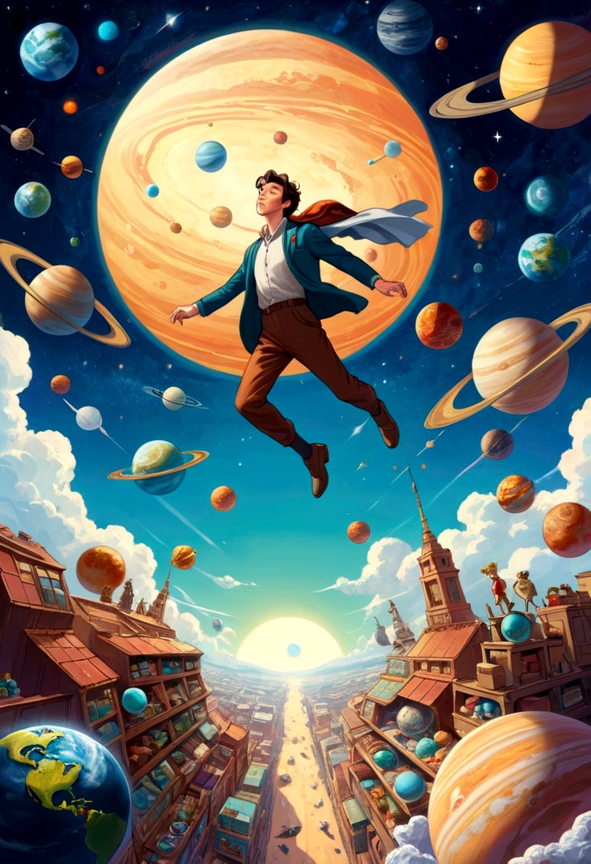 A man flies through the sky,Surrounded by a planet,A variety of goods surround it. 's illustration。