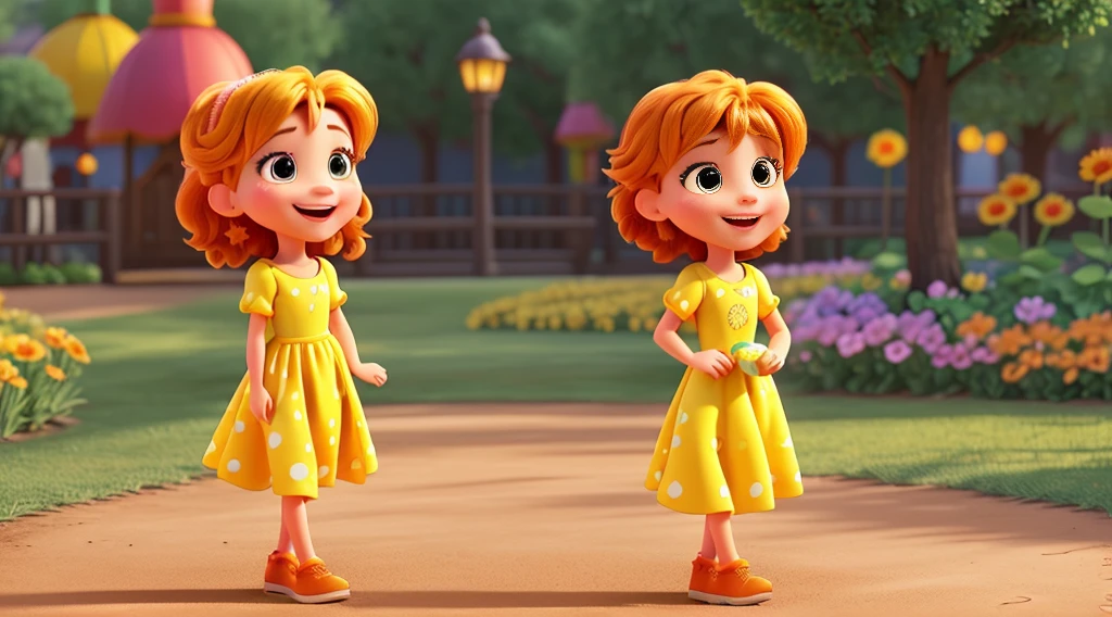 Create the emotion "cheerfulness" disney pixar style: a radiant character, smiling, with bright eyes and energetic posture. Dress her in a yellow and orange dress. Place her in a happy setting, like a flower field or amusement park. Use bright colors and soft lighting to highlight happiness and enthusiasm.