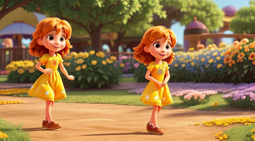 Create the emotion "cheerfulness" disney pixar style: a radiant character, smiling, with bright eyes and energetic posture. Dress her in a yellow and orange dress. Place her in a happy setting, like a flower field or amusement park. Use bright colors and soft lighting to highlight happiness and enthusiasm.